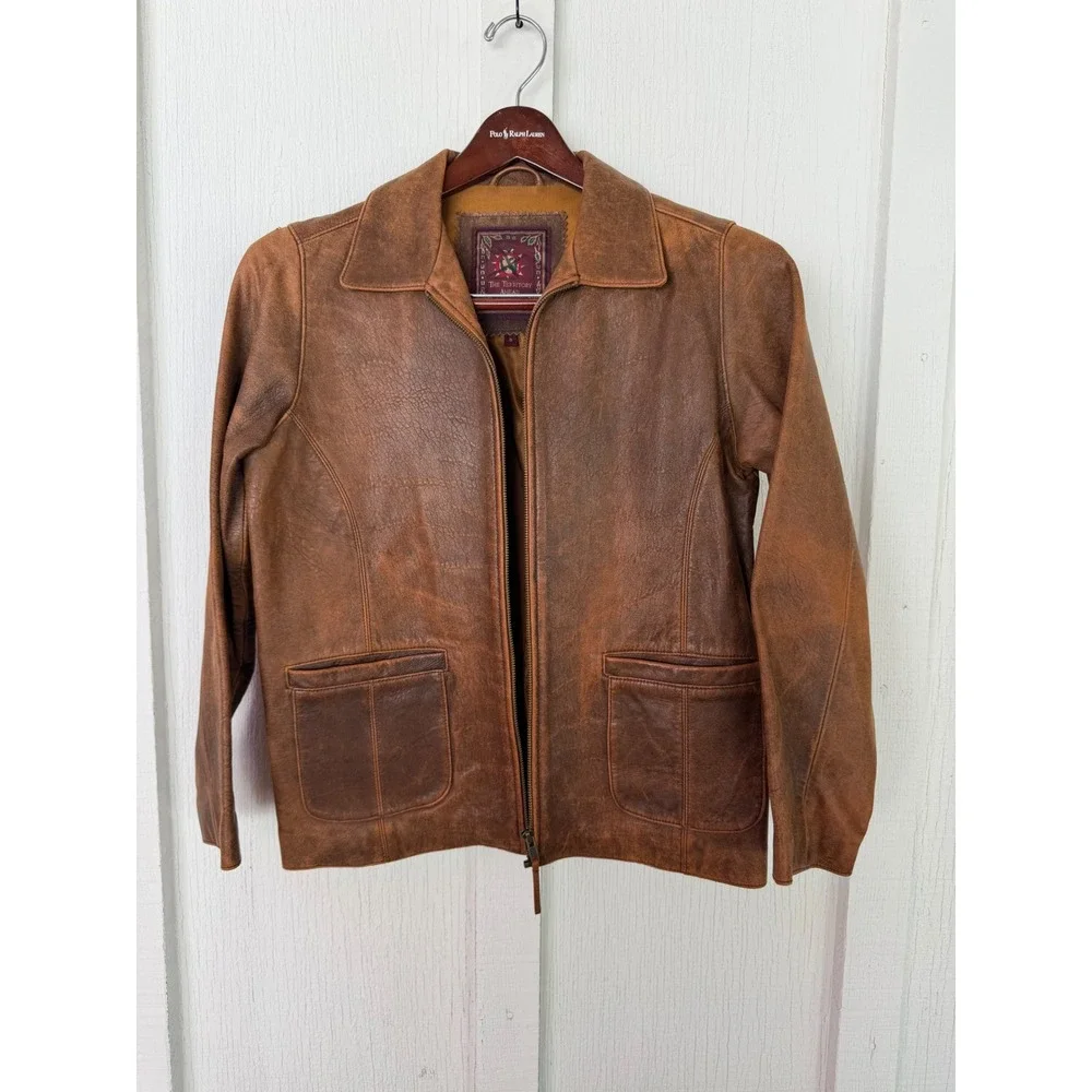 The Territory Ahead Brown Leather Jacket Distressed Zip Front Small